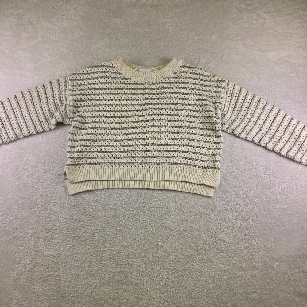 Pink Rose Womens Medium Cream Grey Striped Open Knit Cropped Boxy Sweater